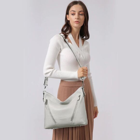 BOSTANTEN Kweli Luxurious Leather Shoulder Bag – Light Gray – Large - Picture 1 of 9